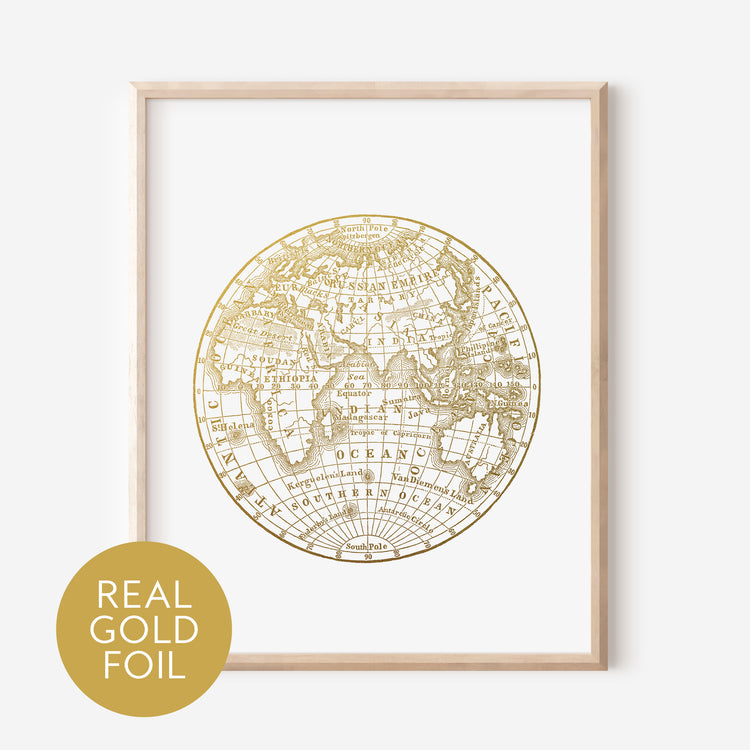 Eastern Hemisphere Map Gold Foil Print