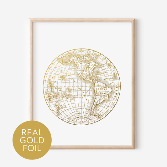 Western Hemisphere Map Gold Foil Print