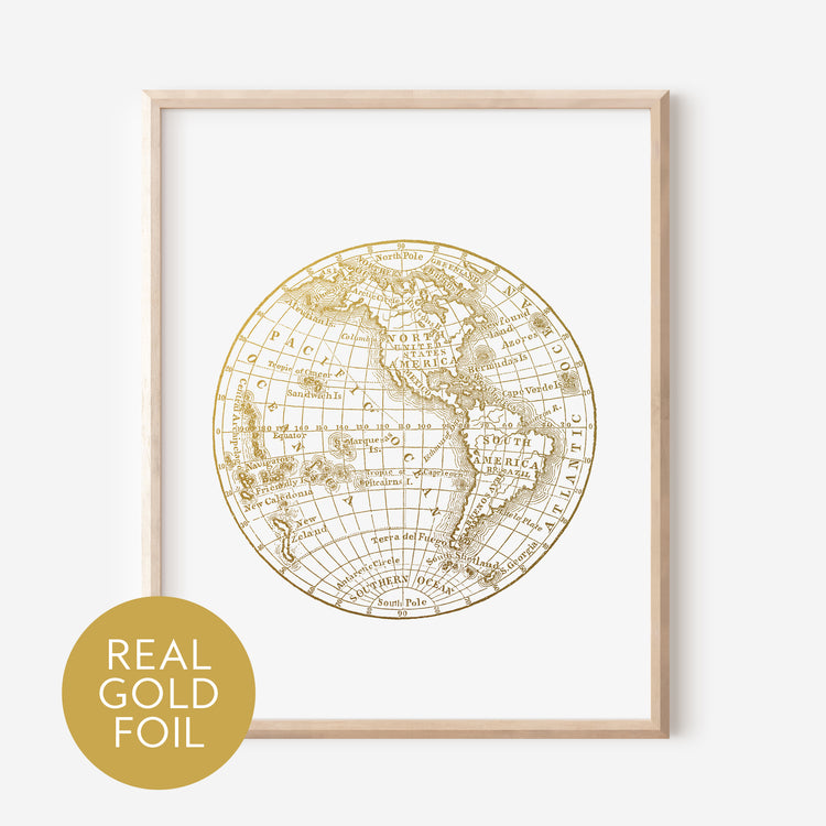 Western Hemisphere Map Gold Foil Print